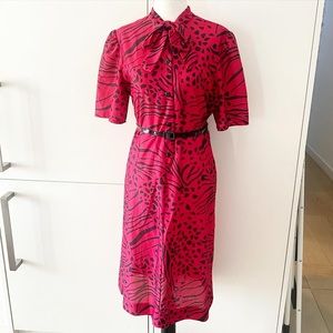 70s Fuschia and black mixed animal print polyester dress